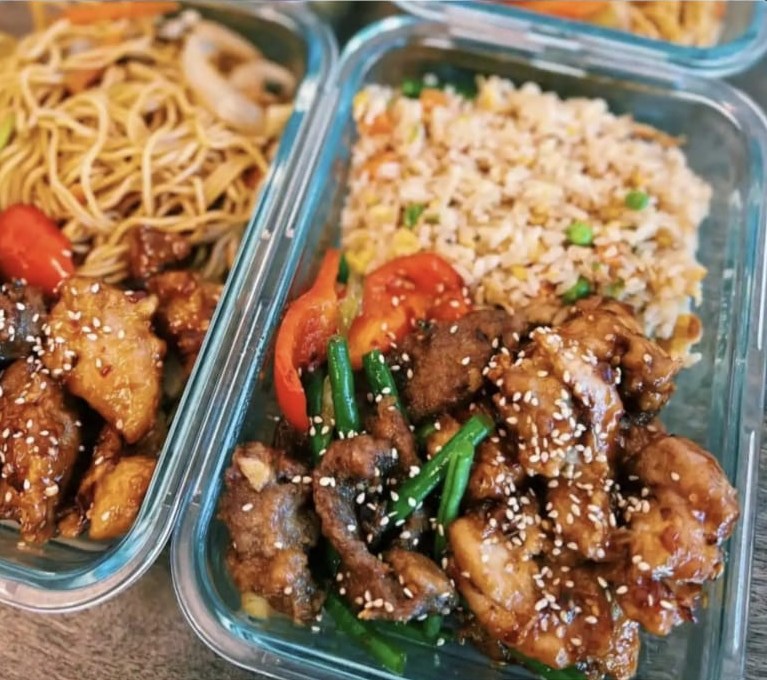 Teriyaki chicken with fried rice and noodles served at ELK